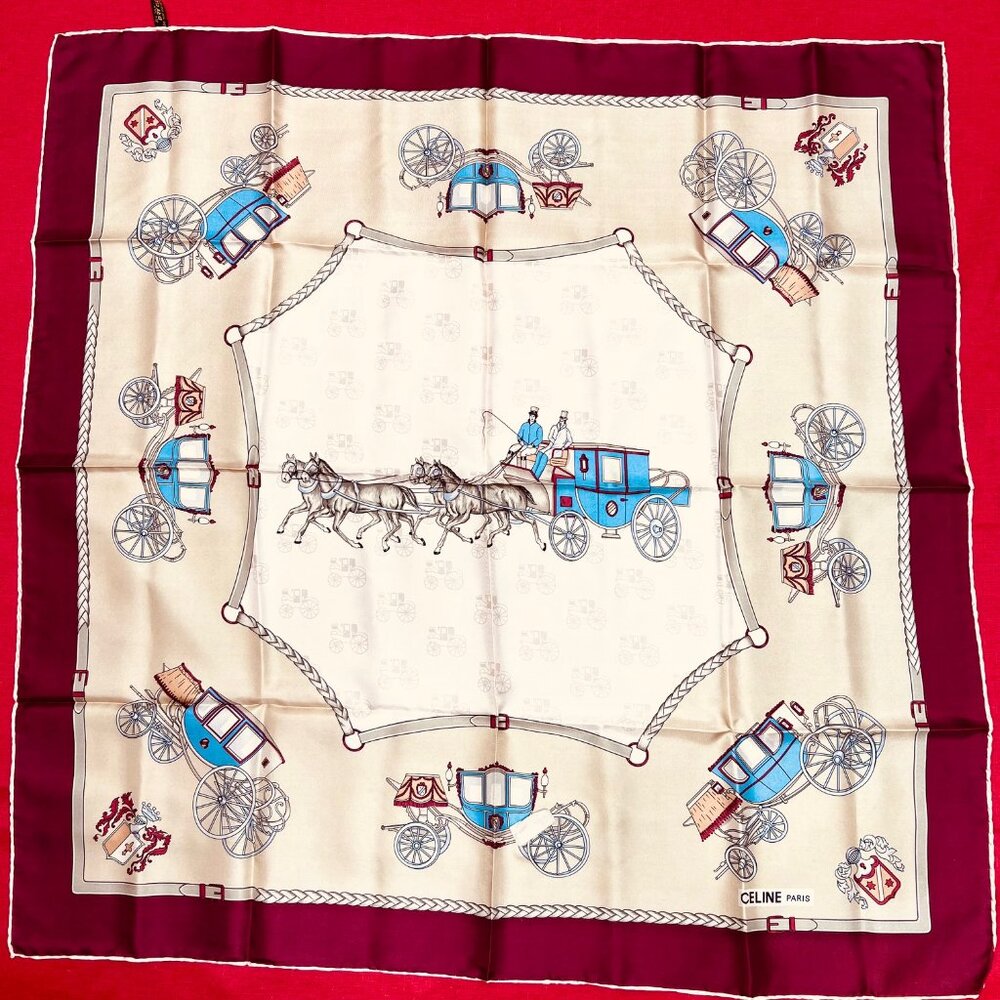 Unused Celine Paris Scarf 100% Silk 34" Gold Tan Brgendy Carriage Horses (39) - Picture 11 of 13